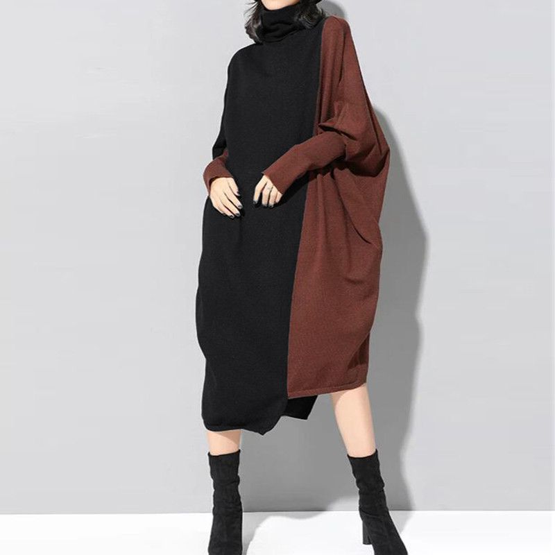 Neue Frühlingsmode Einfarbig Hoher Kragen Kragen Collage Fledermaus Langarm Temperament Pendler Damen Freizeitkleid_voghion.com