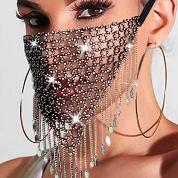 Patchwork With Accessories Sparkling Rhinestone Tassel Face Mask LBZ1254_voghion.com