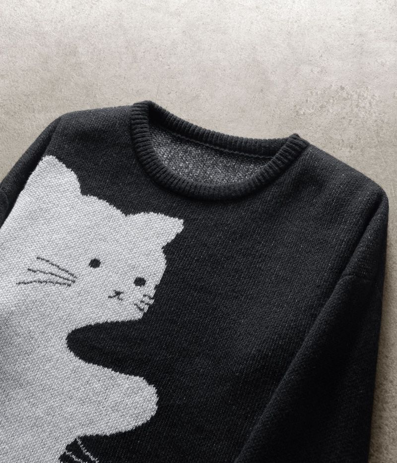 Maglione lavorato a maglia con stampa di gatti - Pullover oversize con scollo rotondo, comodo e alla moda per l'autunno/inverno_voghion.com