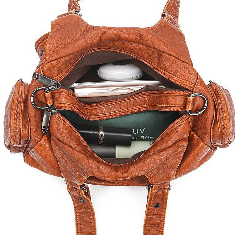 Borsa da donna in pelle lavata di alta qualità, borsa tote in morbida pelle con rivetti retrò, borsa a tracolla multitasche di grande capacità_voghion.com