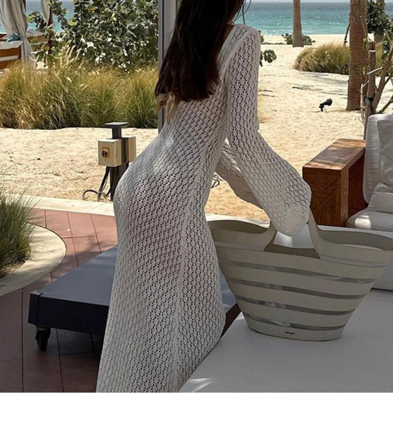 Jupe de plage longue dos nu à décolleté plongeant en V et cache-maillot sexy pour les vacances_voghion.com