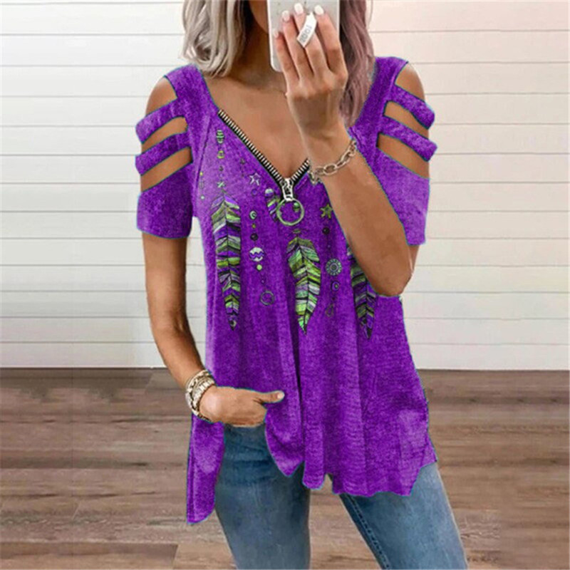 Nuova camicetta estiva da donna con spalle scoperte, stampa leopardata, cerniera, scollo a V, casual, ampia, primaverile, sexy, nuova camicetta da donna_voghion.com