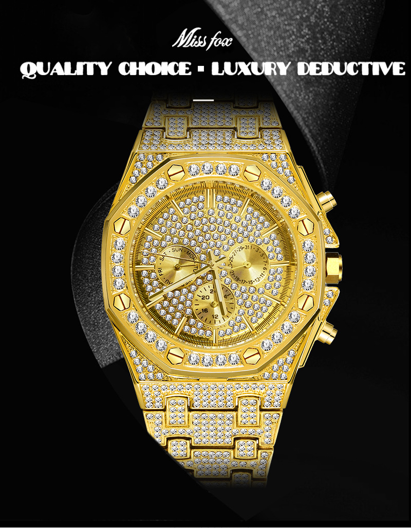 Ceas MISSFOX, ceas de mână pentru bărbați, stil european și american, stil hip-hop, cu diamant complet, cadran octogonal, impermeabil, cu trei ochiuri, en-gros_voghion.com