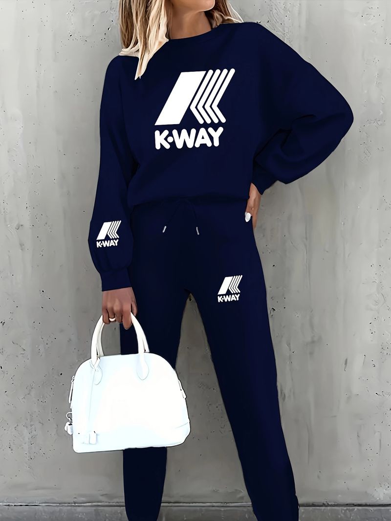 Tuta da donna stampata in due pezzi, con maglia a maniche lunghe e pantaloni con coulisse in vita, abbigliamento sportivo casual per primavera e autunno._voghion.com