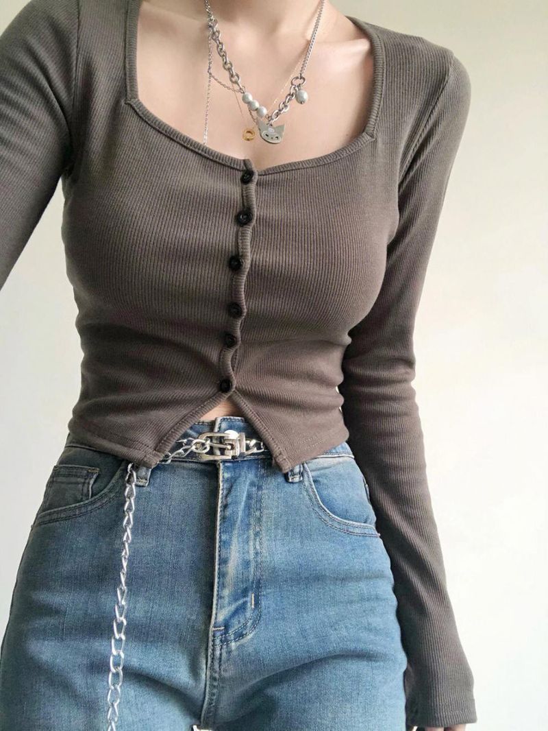 Kurzes, tailliertes Strickshirt mit eckigem Ausschnitt in Übergröße für Damen, neuer Herbst-Winter-Stil, ideal zum Kombinieren, kurzes Top für modebewusste Mädchen_voghion.com