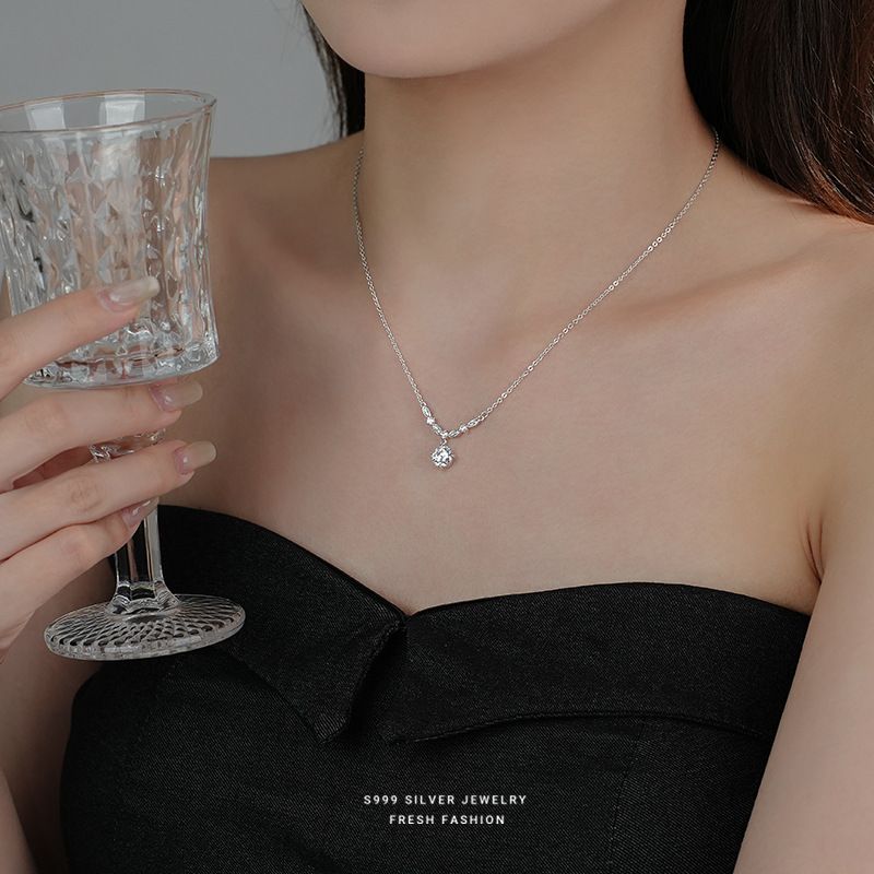 Collana di zirconi di lusso, luce brillante, per donna, S999, pura nicchia, elegante, versatile, di alta qualità, con catena per clavicola in argento pieno._voghion.com
