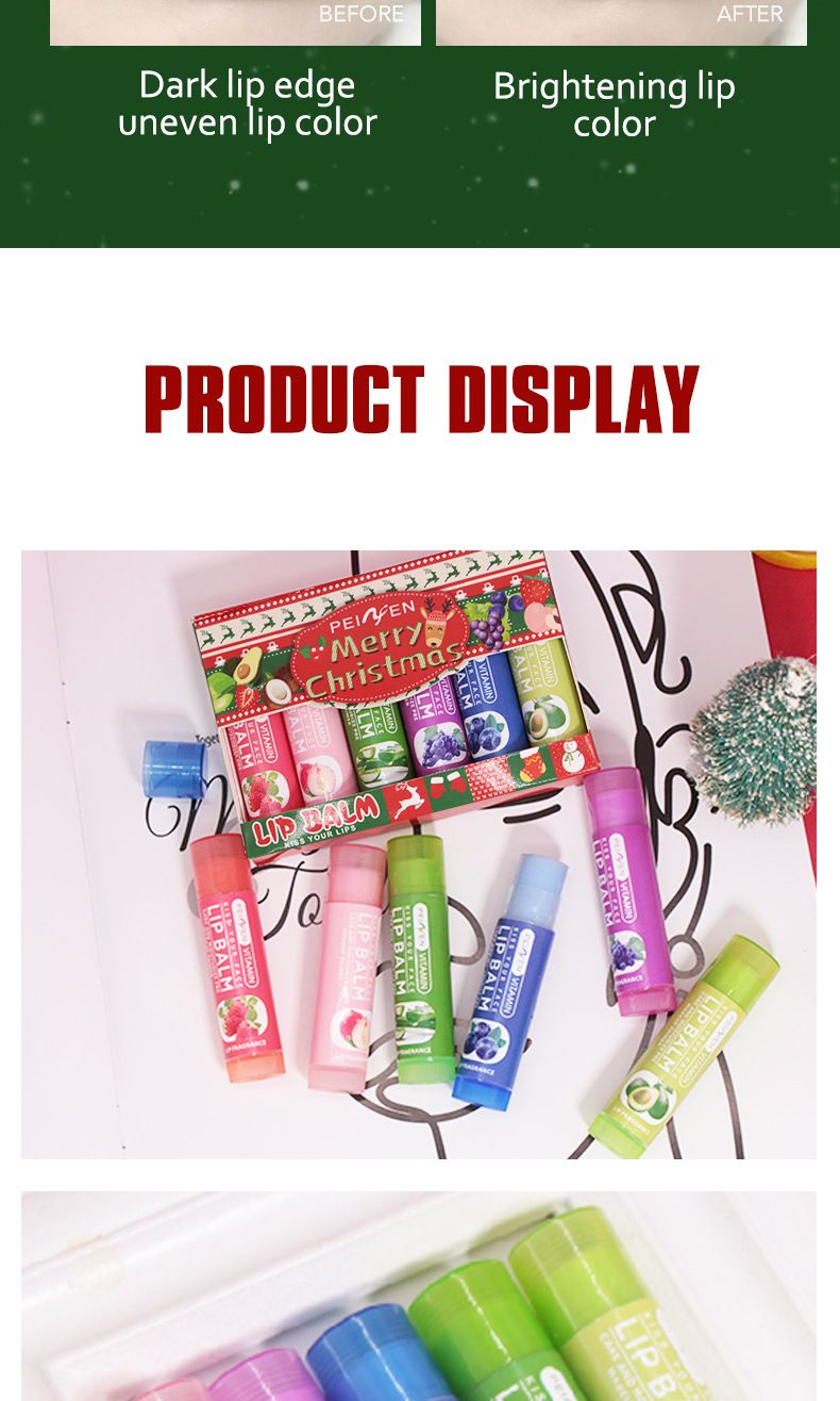 Conjunto de batons com tema natalino e protetor labial, conjunto de batons frutados, hidratantes, anti-ressecamento e anti-desbotamento de linhas labiais_voghion.com
