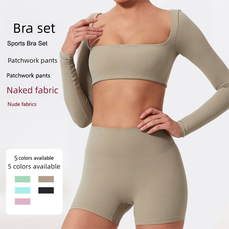 Abbigliamento da yoga aderente da donna, effetto nude, manica lunga, con protezioni per il petto, vita, asciugatura rapida, sportivo, elastico, tre quarti, color pesca_voghion.com