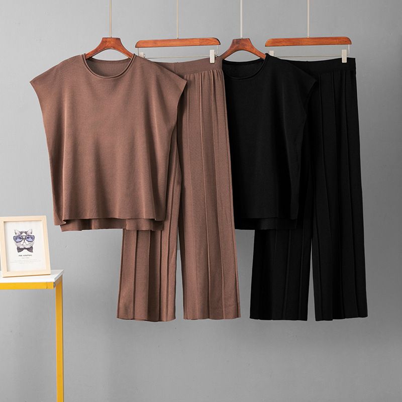 Damenbekleidung, gestrickter Freizeitanzug, ärmellose Weste, Pullover, Hose mit weitem Bein, zweiteiliger Anzug_voghion.com