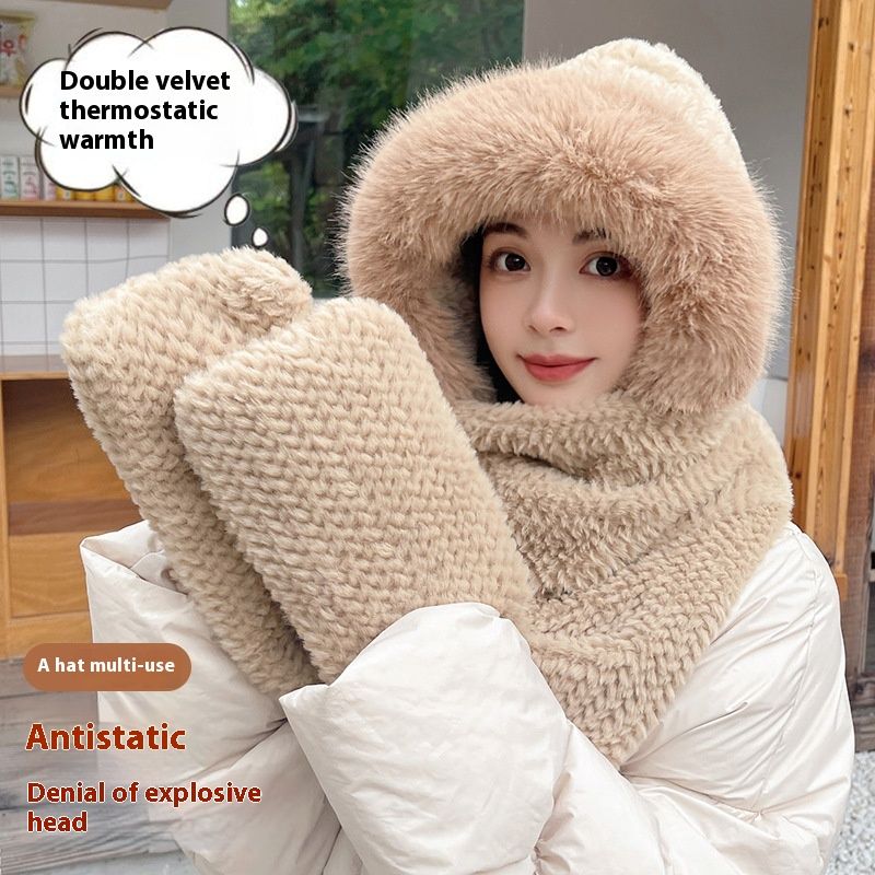 Plüschmütze, Kinder Winter Dicker Schal, Handschuhe, Einteiliger Fahrrad-Gehörschutz, Kapuze, Dreiteiliges Set, Warme Mütze_voghion.com