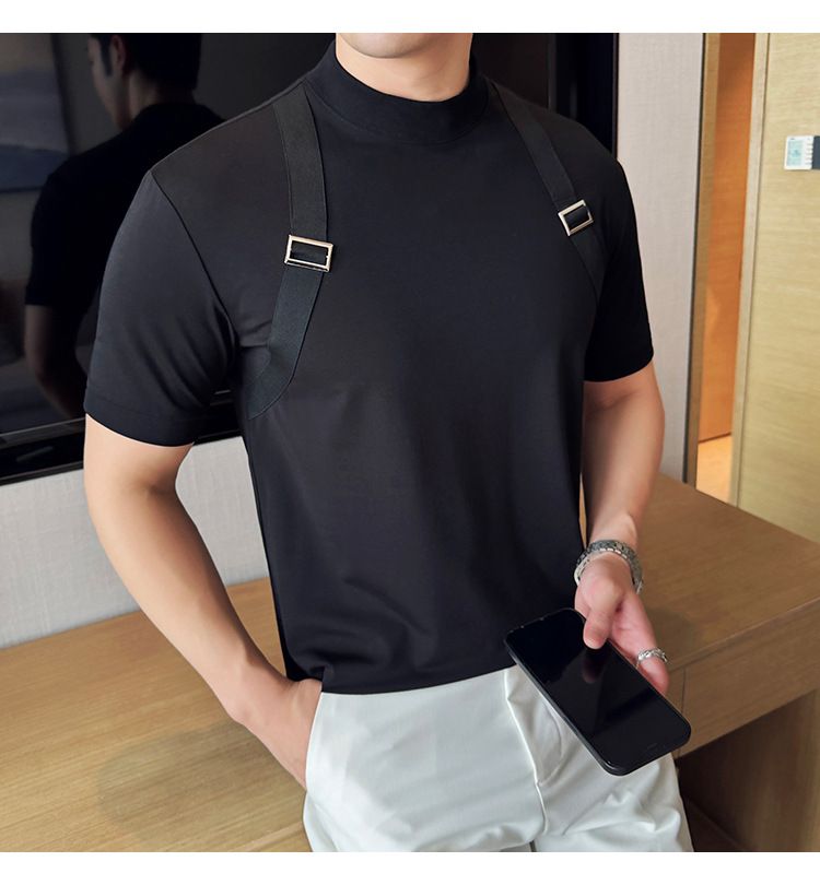 Good Things Recommend Summer Thin T-shirt Fashion Strap Design Splicing Round Neck Short-sleeved T-shirt Men's Webbing Decorative T-shirt_voghion.com