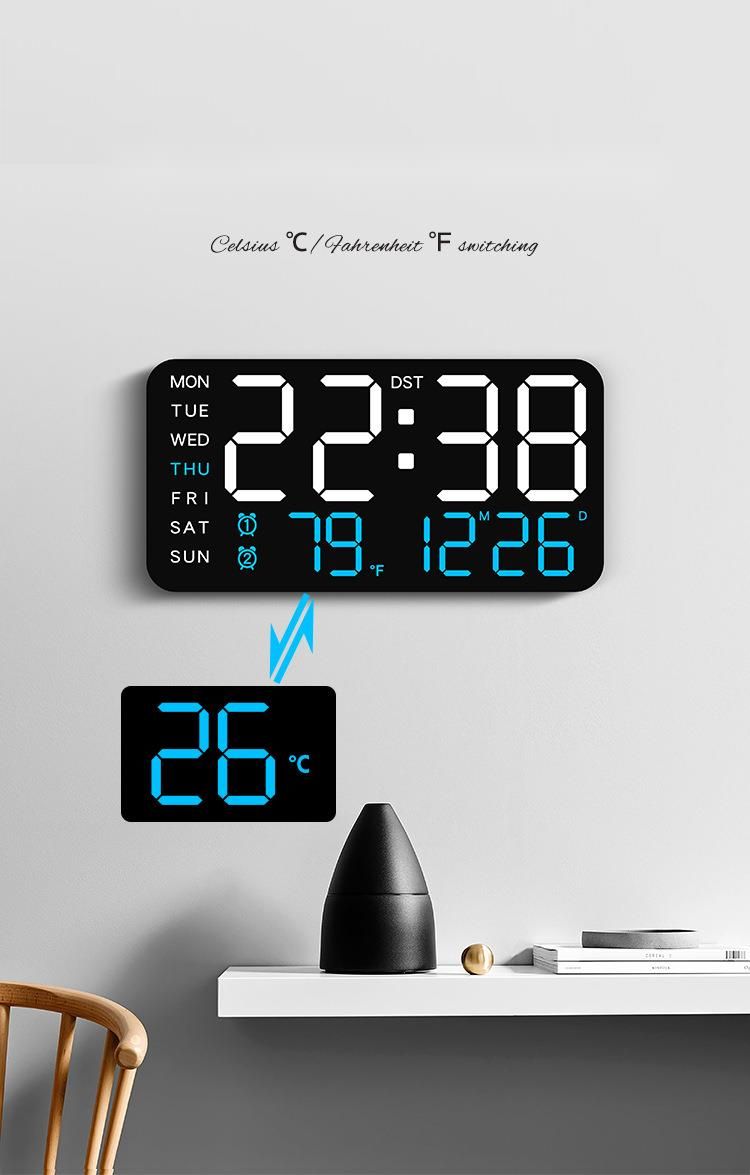 Yeni Çerçevesiz Elektronik Çok İşlevli ve Standlı Çift Kullanımlı Dijital Ekranlı Oturma Odası Duvar Saati 6617_voghion.com