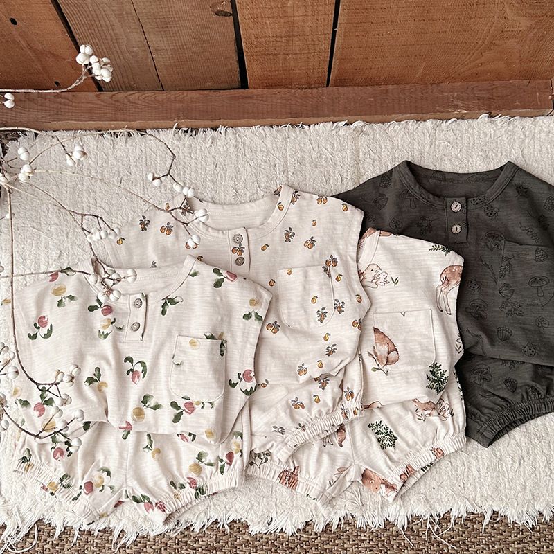 Ins Nordic Style Children's Suit Summer Cotton Children's Sleeveless Vest Fruit Floral Suit Baby Two Piece Suit_voghion.com