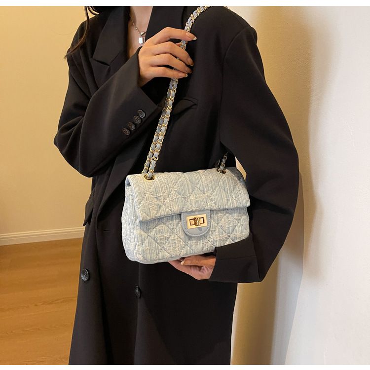 Borsa a tracolla casual in denim da donna con piccola borsa quadrata a tracolla con catena a reticolo di diamanti_voghion.com
