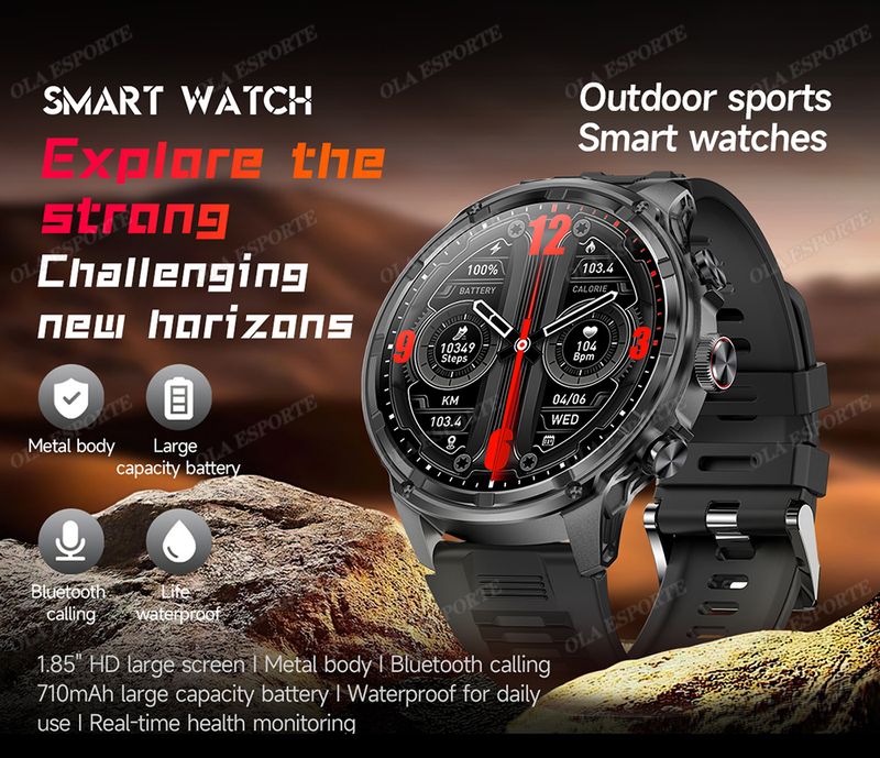 Montre connectée militaire pour hommes, 710 mAh, pour l'extérieur, GPS, boussole, fréquence cardiaque, lampe de poche LED, appels Bluetooth, sport_voghion.com