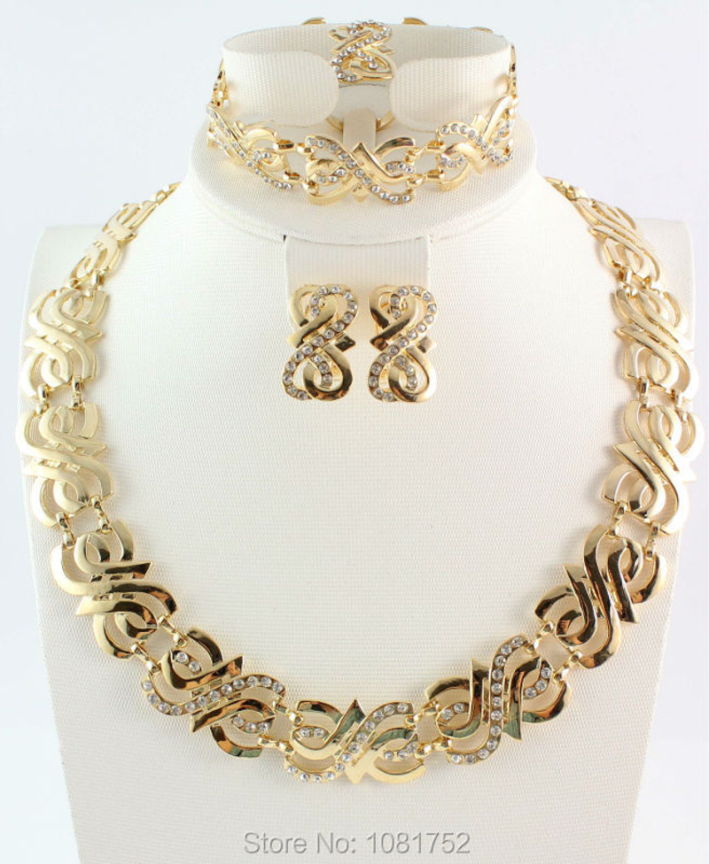 Set di gioielli in cristallo da sposa per donna Set di colori in argento dorato Set di gioielli con perline africane Bracciale anello orecchino collana_voghion.com
