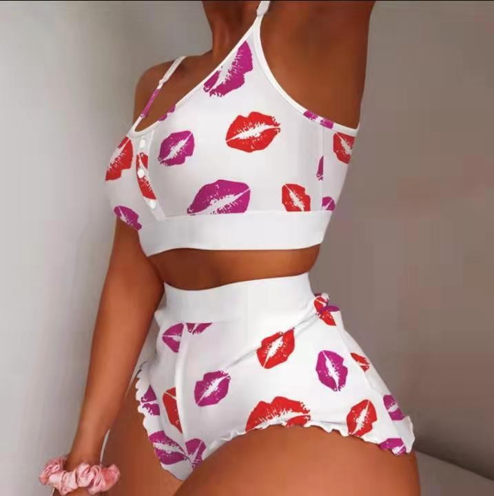Women's fashionable printed suspenders two-piece set, cool, thin, tight and sweet home clothes_voghion.com