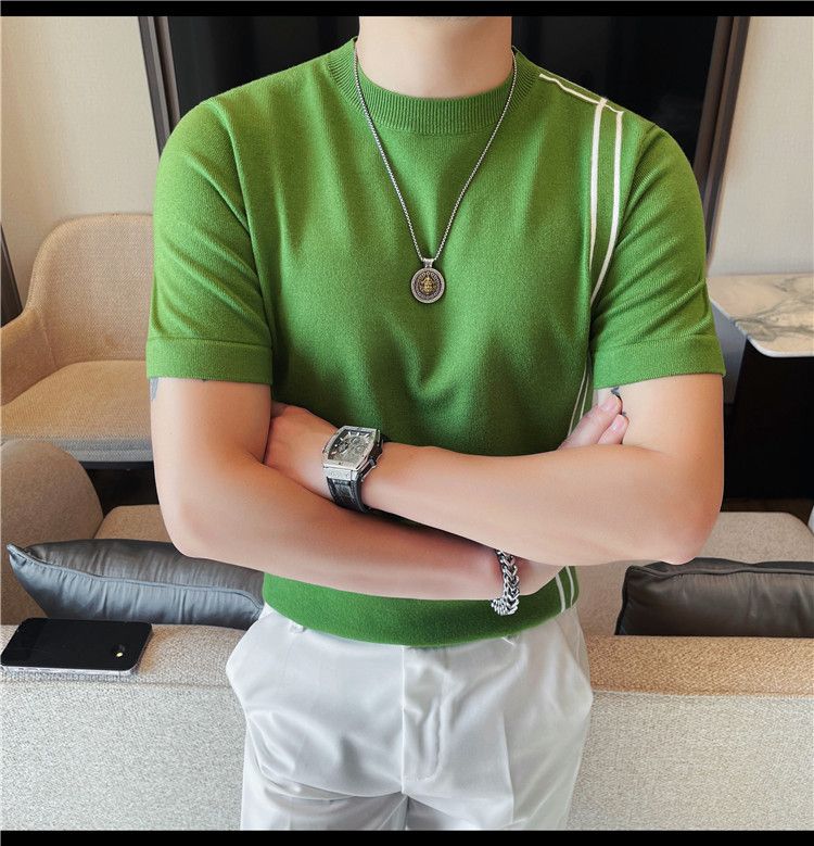 Summer New Products Men's Thick Short Sleeve T-Shirt Threaded Neckline Short Sleeve Knitted Sweater Slim Fit Elastic Bottom Sweater Undershirt_voghion.com