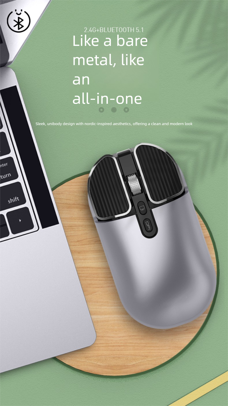 Kabellose Bluetooth-Dual-Mode-Maus für Büro und Business, mechanische, geräuscharme Metallmaus – das perfekte Geschenk!_voghion.com