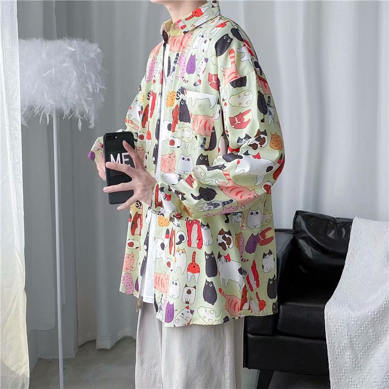 Spring and Autumn Fashion Brand Instagram Pi Shuai Long sleeved Flower Men's Loose Korean Shirt Hip Hop Street Coat_voghion.com