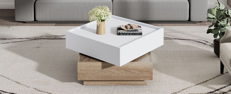 Table basse pliante avec plateau rotatif à 360°, table de salon à deux niveaux avec meuble de rangement et cadre en noyer, 60 x 60 x 38 cm_voghion.com