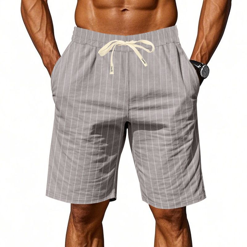 American Style Linen For Men Loose Beach Breathable Striped Jacquard Drawstring Five-Point Men's Casual Shorts Summer_voghion.com