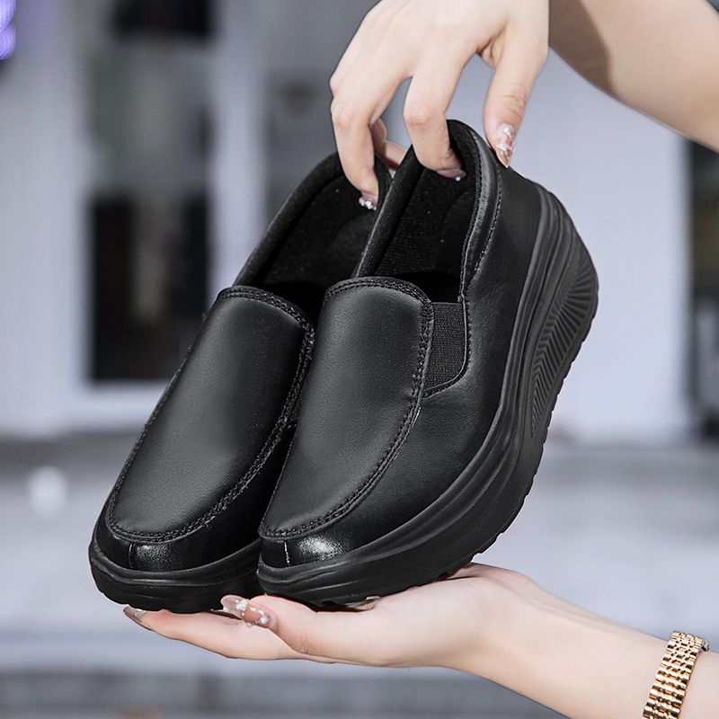 Damen Frühling Echtes Leder Weiche Laufsohle Arbeit Weibliche Schwarze Swing Schuhe Frau Plus Size Wedges Einzelne Schuhe_voghion.com