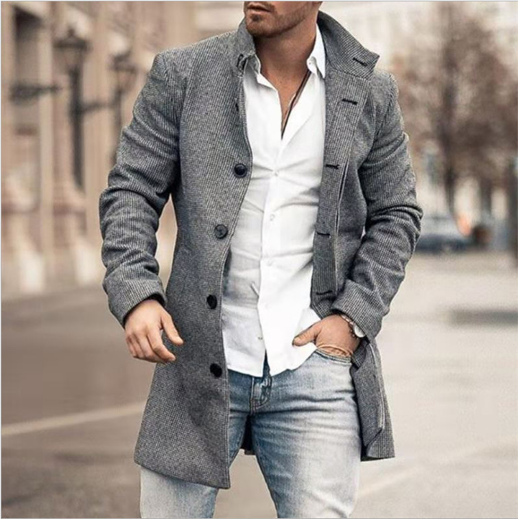 Spring New Stand Collar Mid-Length Wool Coat Casual Jacket Men's Clothing_voghion.com