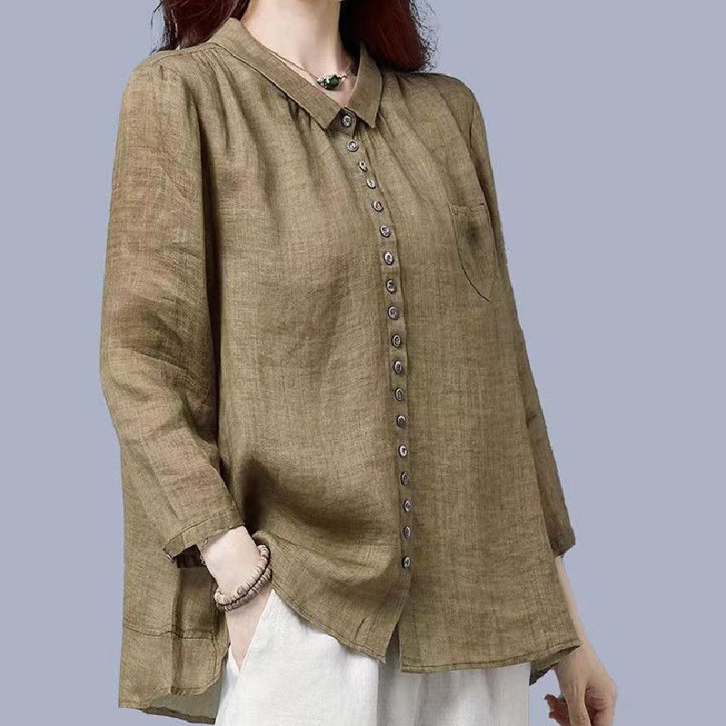 Camisa de manga larga suelta informal de color sólido de algodón y lino de otoño 2024 para mujer_voghion.com