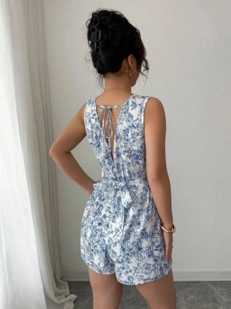 Tuta senza maniche con fiocco floreale, scollo quadrato, stampata, gamba larga, snellente_voghion.com