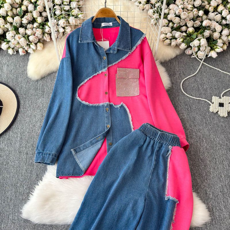 Damenbekleidung Designer-Jeanshemd mit Revers und Patchwork-Muster, langärmeliges Oberteil, Anzug für Frauen, hohe Taille, schmale, farblich passende Hose mit weitem Bein, zweiteiliger Anzug_voghion.com