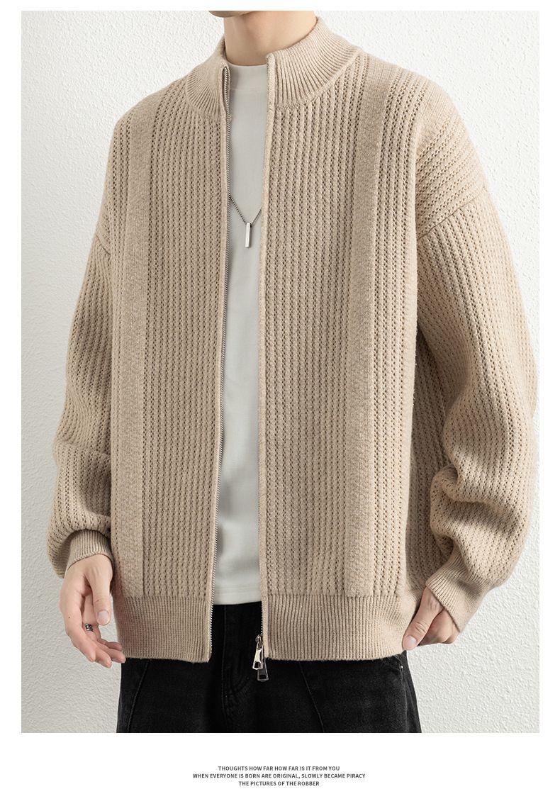 Herbst und Winter Herren Neue Stehkragen Doppelreißverschluss Strickjacke Modische Casual Solid Color Vielseitige Pulloverjacke_voghion.com
