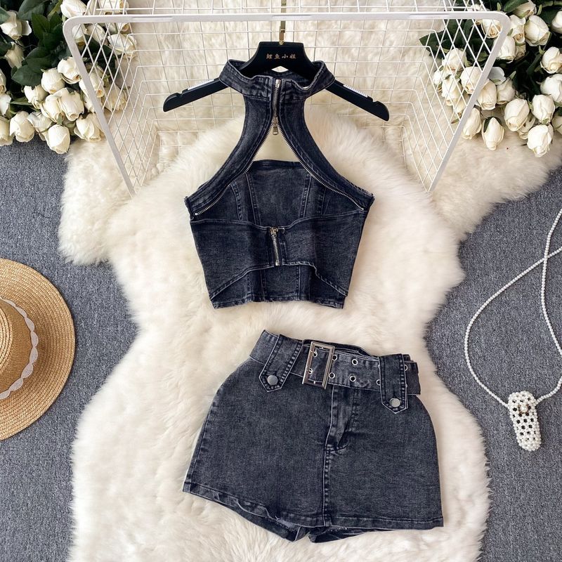 Conjunto de dos piezas de top corto y falda vaquera con cuello halter para mujer, estilo urbano, para verano_voghion.com