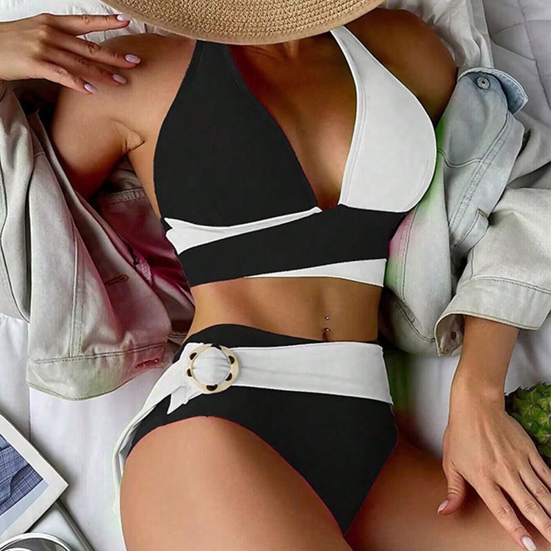 Nuovo costume da bagno bikini a due pezzi con laccetti color-block per donna, costumi da bagno di alta qualità per spiaggia e sorgenti termali_voghion.com