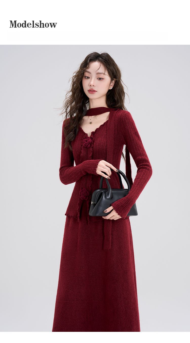 Conjunto de saia e blusa de malha vermelha com fita, estilo novo, elegante, outono e inverno, para mulheres_voghion.com