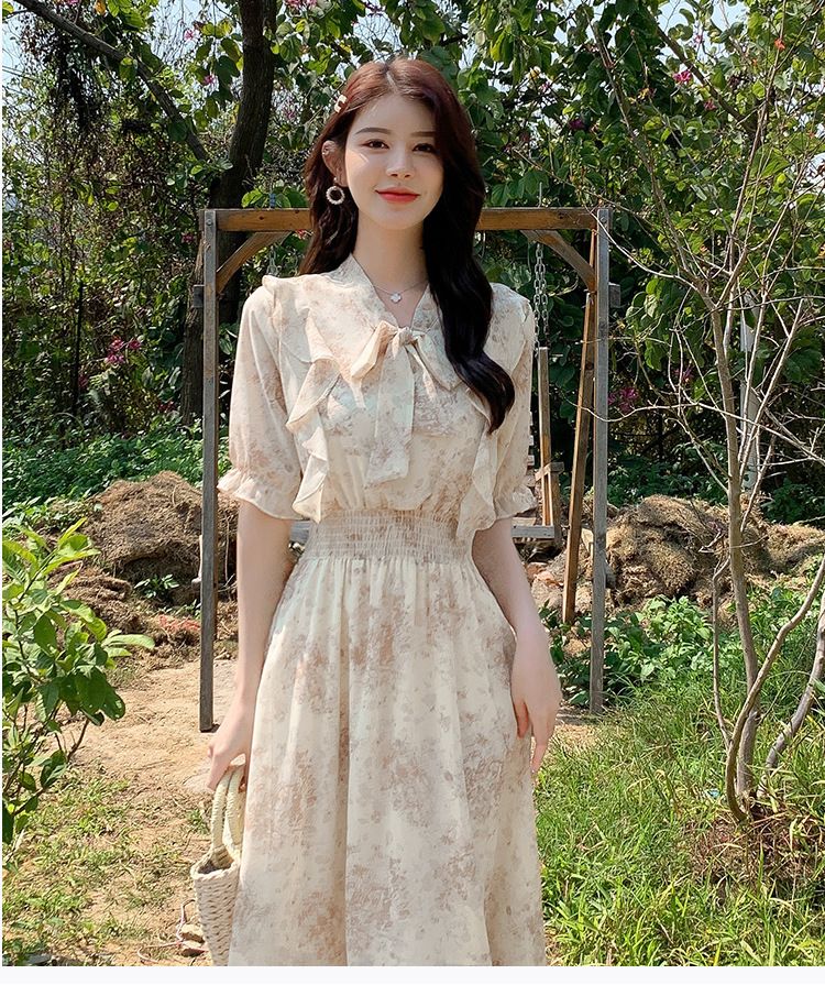 Sommer-Neues süßes Chiffonkleid mit Rüschen, Göttinnen-Abnehmen und reines Verlangen, floraler, sanfter französischer Stil_voghion.com