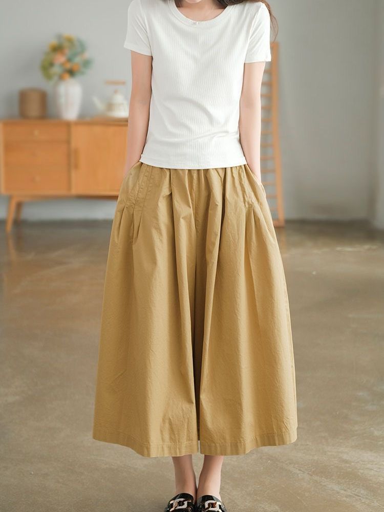 hot selling Khaki Women's 100% Pure Cotton Casual Loose Elastic Waist Wide Leg Women 2024 Summer New Retro Black Skirt Pants_voghion.com