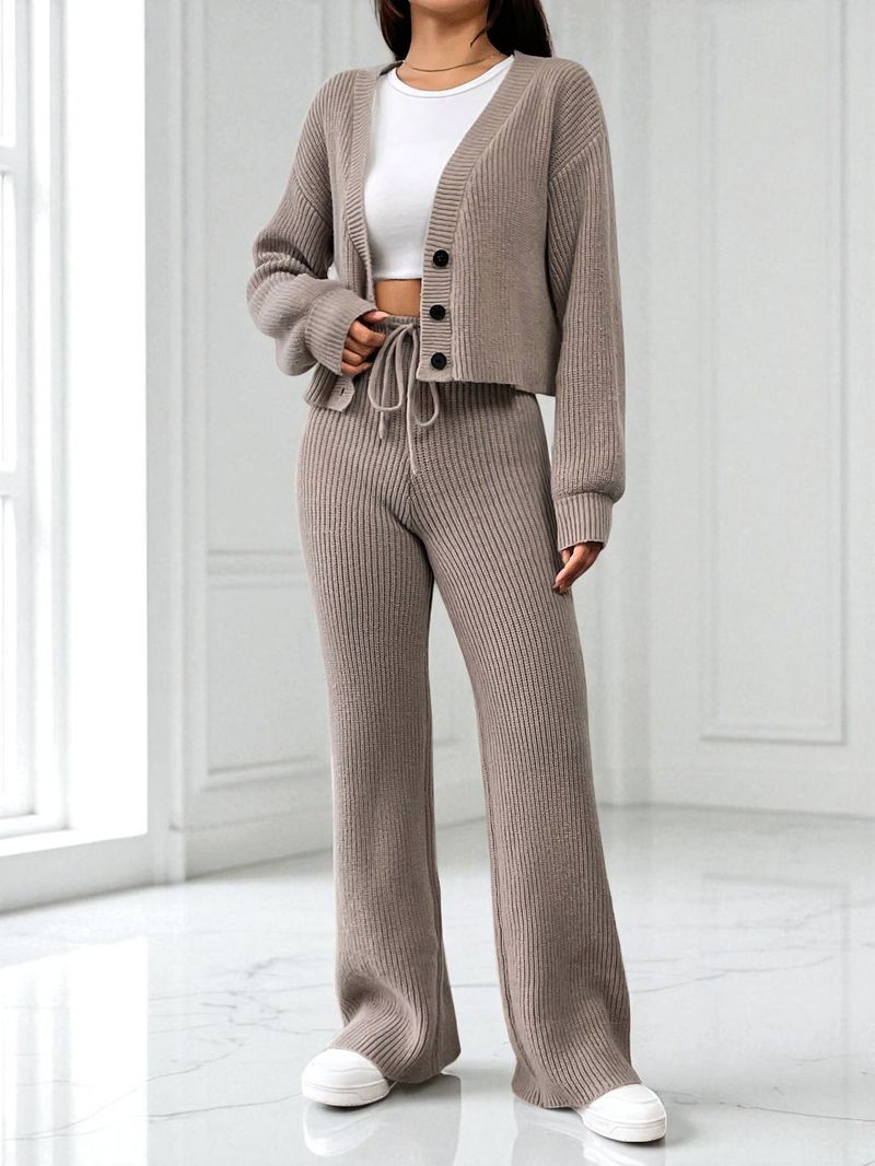 "Versatile Knit Top & Pants Set – Solid Color Casual Outfit For Women, Khaki/Black, One Size Fits Most"_voghion.com