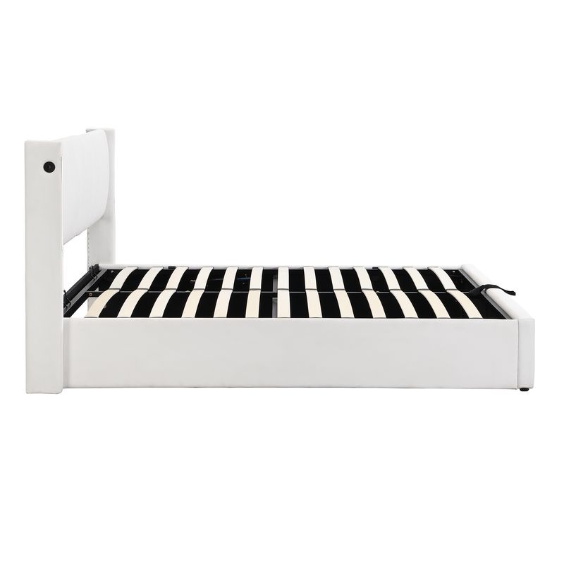 Lit rembourré LED binaural 160 x 200 cm, lit coffre hydraulique avec tête de lit réglable, port USB rechargeable, éclairage LED, texture pierre PU, blanc_voghion.com