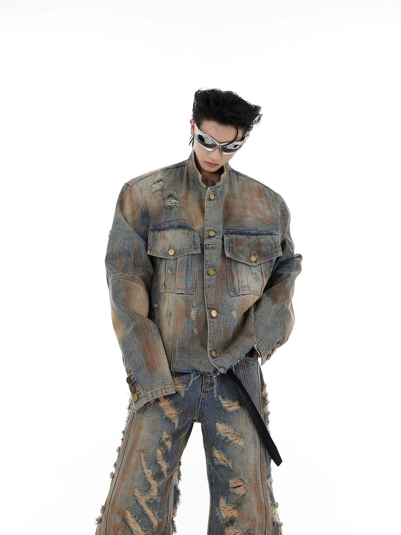 Men's Clothing Niche Retro Wasteland Destruction Denim Jacket Suit Heavyweight Distressed Jacket Flared Jeans Trend_voghion.com
