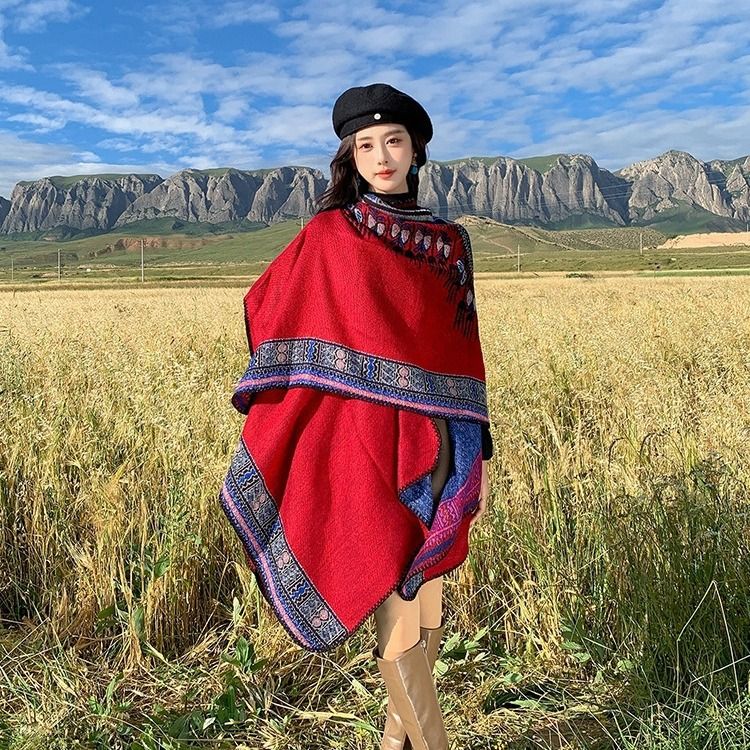 Xizang Great Northwest Travel Totem, red warm, with shawl, female scarf, autumn and winter cloak, big cloak_voghion.com