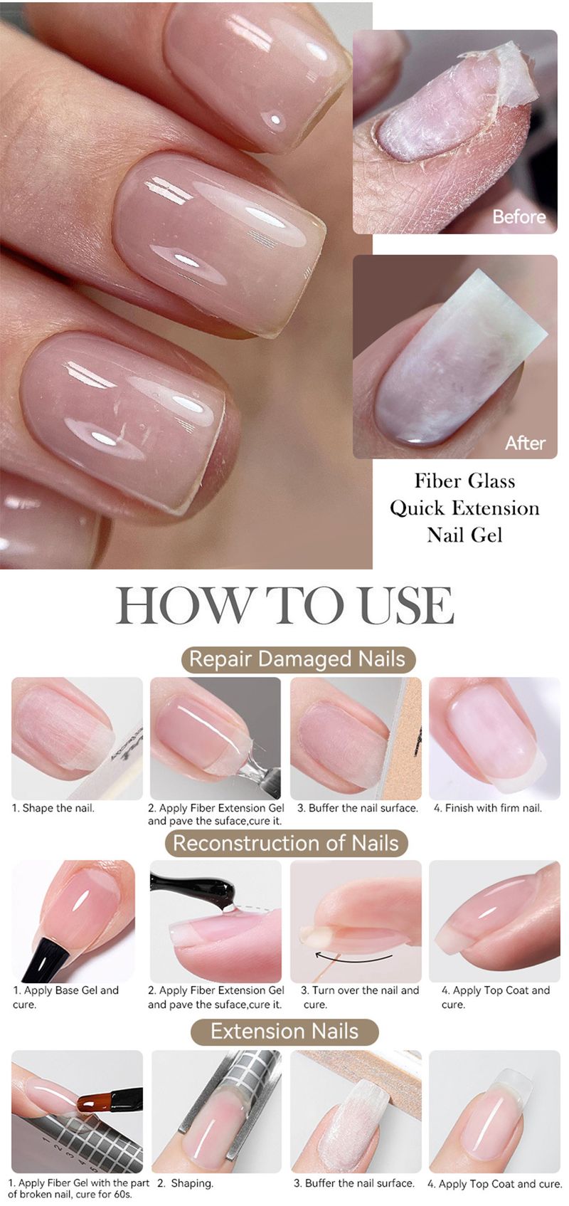 Nagelfaser-Verlängerungsflüssigkeit mit Glasfaserfaden – papierloser UV-Gel-Extender | No-Form-Nagelverlängerungsset für starke und flexible Nägel_voghion.com