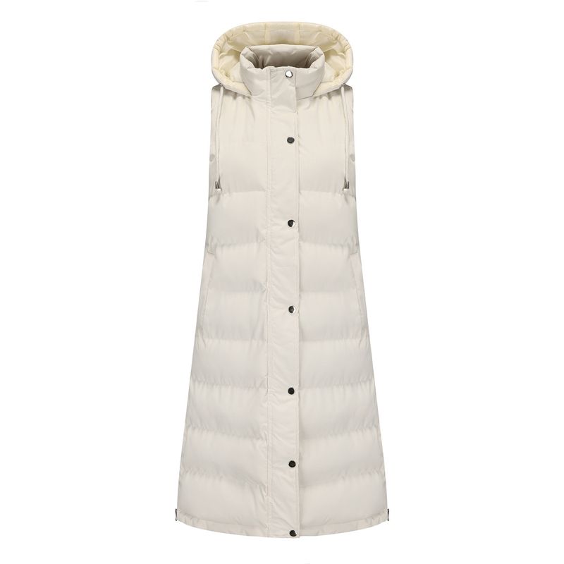 Women's Long Sleeveless Hooded Vest With Zip Front, Quilted Padded Jacket For Winter, Casual Outerwear In Solid Colors_voghion.com