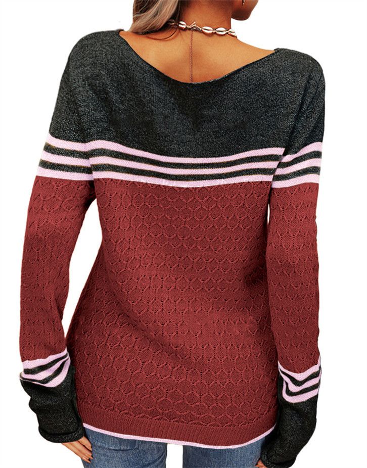 Cross-border autumn and winter new women's crocheted elegant commuter top European and American long-sleeved knitted striped color matching round neck_voghion.com