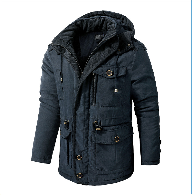 Men's Plus Size Shearling Hooded Cotton Jacket Thickened Multi-Pocket Cotton Top Casual Mid-Length Coat_voghion.com
