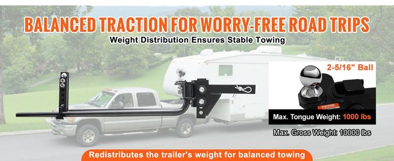 VEVOR Weight Distribution Hitch, 1,000 Lbs Weight Distributing Hitches Kit With Sway Control For Trailer, 2-In Solid Steel Shank, 2-5/16 In Alloy Steel Ball, Powder Coated Load Leveling Hitch, Black_voghion.com