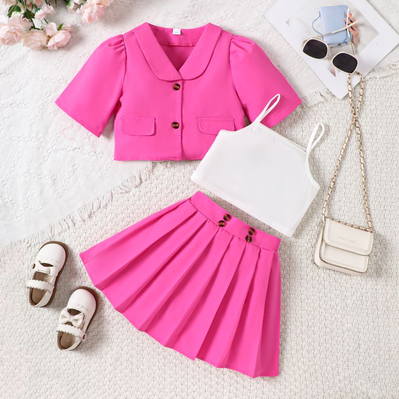 Νέο καλοκαιρινό παιδικό γιλέκο καμιζόλας για μικρά και μεσαία μεγέθη + πλισέ κοντή φούστα + κοντομάνικο μπουφάν κοστουμιού, μοντέρνο σετ για κορίτσια_voghion.com