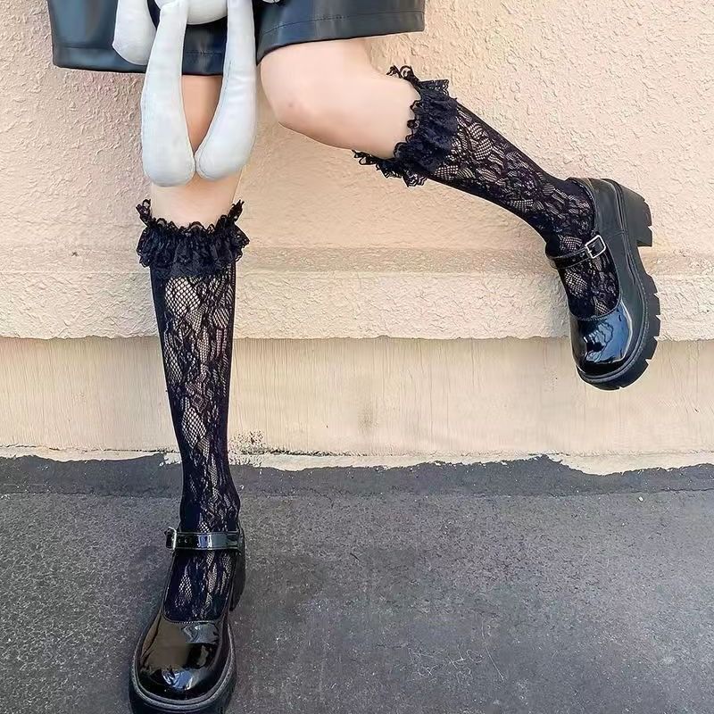 Weiße Lolita Wadensocken im Mädchenstil, Wadenmitte, JK, lange Spitzenstrümpfe, halbes Bein_voghion.com