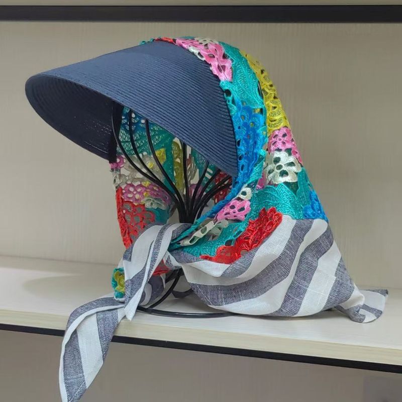 Damen 2025 Neu, Stroh Sommerblumenstickerei, Quadratischer Bandanahut, Dreieckstuch, Sonnenhut_voghion.com