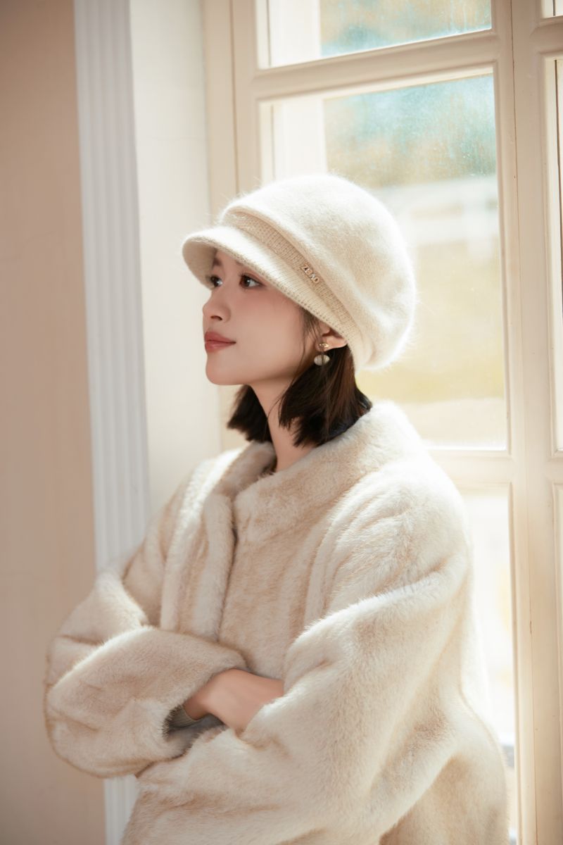 Rabbit Fur Blend Knitted Earflap For Women, Elegant Stylish Autumn And Winter Woolen Duckbill Cap, Face Slimming_voghion.com